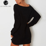 V Neck Off Shoulder Women's Sweater - Casual Autumn Winter Top