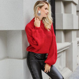 Elegant Red Lantern Sleeve Knitted Sweater for Women - Lily Rosie