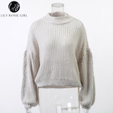Elegant Red Lantern Sleeve Knitted Sweater for Women