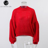Elegant Red Lantern Sleeve Knitted Sweater for Women