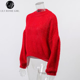 Elegant Red Lantern Sleeve Knitted Sweater for Women