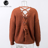 Lily Rosie Girl Black Lace Up V-Neck Sweater for Women