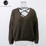Lily Rosie Girl Black Lace Up V-Neck Sweater for Women
