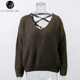 Lily Rosie Girl Black Lace Up V-Neck Sweater for Women