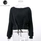 Stylish Black Lace Up Knitted Pullover Sweater for Women