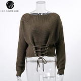 Stylish Black Lace Up Knitted Pullover Sweater for Women