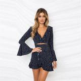 2018 Polka Dot Sexy Summer Dress Beach Irregular Bow Wrap Short Dress Women V Neck Long Sleeves Chiffon Dresses