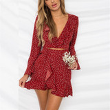 2018 Polka Dot Sexy Summer Dress Beach Irregular Bow Wrap Short Dress Women V Neck Long Sleeves Chiffon Dresses