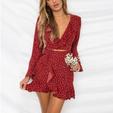 2018 Polka Dot Sexy Summer Dress Beach Irregular Bow Wrap Short Dress Women V Neck Long Sleeves Chiffon Dresses