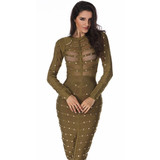 2018 New Women party Dress Bodycon Dress Long Sleeve Studded Button Olive Mesh High Neck Celebrity Sexy Bandage Dress Wholesale