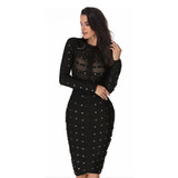 2018 New Women party Dress Bodycon Dress Long Sleeve Studded Button Olive Mesh High Neck Celebrity Sexy Bandage Dress Wholesale