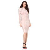 2018 New Women party Dress Bodycon Dress Long Sleeve Studded Button Olive Mesh High Neck Celebrity Sexy Bandage Dress Wholesale