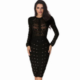 2018 New Women party Dress Bodycon Dress Long Sleeve Studded Button Olive Mesh High Neck Celebrity Sexy Bandage Dress Wholesale