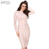 2018 New Women party Dress Bodycon Dress Long Sleeve Studded Button Olive Mesh High Neck Celebrity Sexy Bandage Dress Wholesale