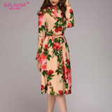 2018 new women printing dress S.FLAVOR Elegant long sleeve Mid-calf vestidos Casual women spring summer long dress Bohemian