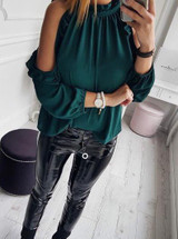 2018 New Women Fashion Open Shoulder Blouse Summer Long sleeve Ruffle Burgundy Pink Shirt Casual Loose Blouse Tops Blusas