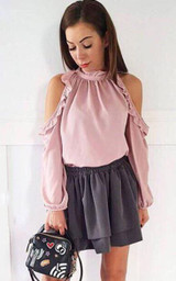 2018 New Women Fashion Open Shoulder Blouse Summer Long sleeve Ruffle Burgundy Pink Shirt Casual Loose Blouse Tops Blusas