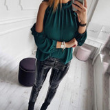 2018 New Women Fashion Open Shoulder Blouse Summer Long sleeve Ruffle Burgundy Pink Shirt Casual Loose Blouse Tops Blusas