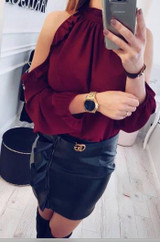 2018 New Women Fashion Open Shoulder Blouse Summer Long sleeve Ruffle Burgundy Pink Shirt Casual Loose Blouse Tops Blusas