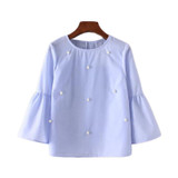2018 New women elegant pearls beading striped shirt flare sleeve O neck Blouses ladies summer brand casual tops Tees blusas