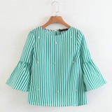 2018 New women elegant pearls beading striped shirt flare sleeve O neck Blouses ladies summer brand casual tops Tees blusas