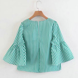 2018 New women elegant pearls beading striped shirt flare sleeve O neck Blouses ladies summer brand casual tops Tees blusas