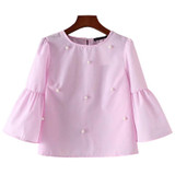 2018 New women elegant pearls beading striped shirt flare sleeve O neck Blouses ladies summer brand casual tops Tees blusas
