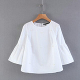 2018 New women elegant pearls beading striped shirt flare sleeve O neck Blouses ladies summer brand casual tops Tees blusas