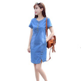2018 New Women Denim Dress Korean Style Feminino Vestido Summer Casual O-Neck Button Dresses Blue Plus size Short sleeve A207