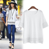 2018 New Summer Women T-Shirt O-neck Casual Loose Lace Crochet Embroidery Hollow Out Tee Shirt Blusas Big Size