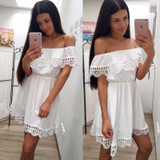 2018 New Summer Women Sexy Beach Casual Loose Dress Vestidos Slash neck Elegant Sweet Lace White Black Mini Dress Plus size