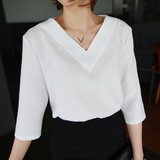 2018 New Summer Women Blouse Loose Shirt V-Neck Chiffon Blouse Female Clothing Casual Blouse Pink White Shirts Solid Blusa E263