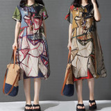2018 New Summer dress Fashion Loose Comfortable plus size Printing short sleeve Cotton Linen women dress Irregular Vestidos Robe