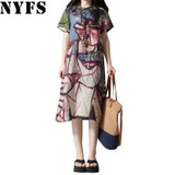 2018 New Summer dress Fashion Loose Comfortable plus size Printing short sleeve Cotton Linen women dress Irregular Vestidos Robe