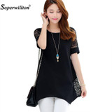 2018 New Summer Blouses Women Lace Blouse Shirt Long Section Plus size 5XL Bottoming Shirts Lace Stitching Blusas Feminina Tops