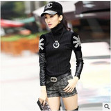 Trendy 2017 Winter Cashmere Turtleneck Sweater for Women - Casual Slim Fit Black Pullover with Diamante Leather Accents