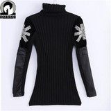 Trendy 2017 Winter Cashmere Turtleneck Sweater for Women - Casual Slim Fit Black Pullover with Diamante Leather Accents