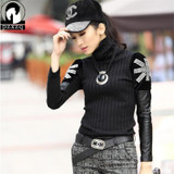 Trendy 2017 Winter Cashmere Turtleneck Sweater for Women - Casual Slim Fit Black Pullover with Diamante Leather Accents