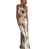 Floral Print Women’s Summer Maxi Dress - Trendy 2 Piece Halterneck Backless Boho Style for Beach Parties and Casual Outings