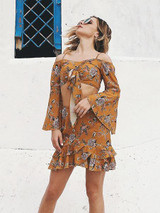 Floral Off-Shoulder Top with Flared Sleeves and Matching Skirt Set - Perfect Summer Outfit
