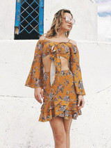 Floral Off-Shoulder Top with Flared Sleeves and Matching Skirt Set - Perfect Summer Outfit