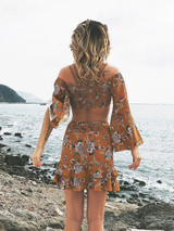 Floral Off-Shoulder Top with Flared Sleeves and Matching Skirt Set - Perfect Summer Outfit