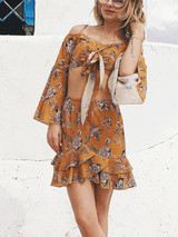 Floral Off-Shoulder Top with Flared Sleeves and Matching Skirt Set - Perfect Summer Outfit