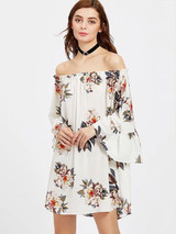 Floral Off-Shoulder Mini Dress with Long Sleeves - Perfect Summer Outfit for Women