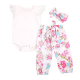Floral Newborn Baby Girls 3PCS Outfit Set - Lace Sleeve Bodysuit, Long Pants & Headband Costume for Infants