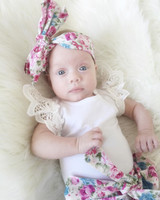 Floral Newborn Baby Girls 3PCS Outfit Set - Lace Sleeve Bodysuit, Long Pants & Headband Costume for Infants