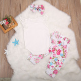 Floral Newborn Baby Girls 3PCS Outfit Set - Lace Sleeve Bodysuit, Long Pants & Headband Costume for Infants
