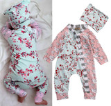 Floral Newborn Baby Girl Outfit Set - Long Sleeve Bodysuit Romper Jumpsuit with Matching Hat - 2-Piece Sunsuit Clothing Set