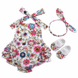 Floral Baby Girl Summer Outfit Set - Cotton Newborn Romper, Headband, and Shoes for Infant Photography - 3-Piece Baby Clothes Set