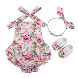 Floral Baby Girl Summer Outfit Set - Cotton Newborn Romper, Headband, and Shoes for Infant Photography - 3-Piece Baby Clothes Set